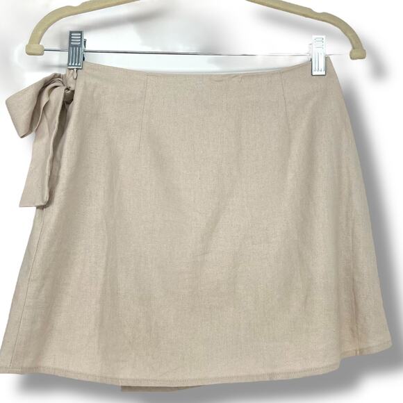 FOREVER 21 Linen Blend Faux Wrap Skirt Side Tie  XS Neutral Minimalist Preppy - Picture 5 of 7